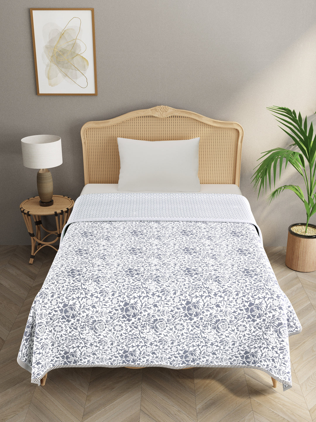PREMIUM ORGANIC COTTON REVERSIBLE DOHAR - THREE-LAYERED BOTANICAL & GEOMETRIC PATTERN WITH PRUSSIAN BLUE HUE AND INSULATING FOR ALL-WEATHER COMFORT.