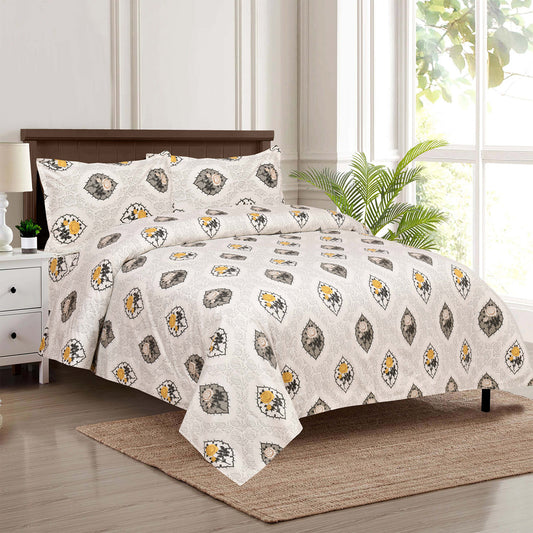 FUCHSIA, GOLDEN YELLOW IMPERIAL TOPAZ BOTANICAL BOUQUET WITH SANGARENI HAND BLOCK MOTIFS PREMIUM ORGANIC COTTON BEDSHEET.