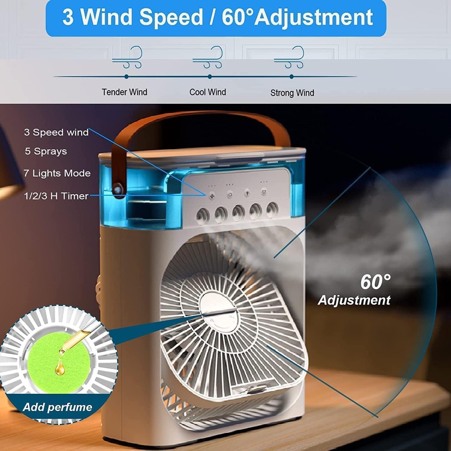 Portable Air Conditioner Fan, 3 In 1 Ice Mist Mini Evaporative Portable Air Cooler with LED nightlight, Timer, 3 Wind Speeds and 3 Spray Modes for for Home Office Bedroom Table and Desktop