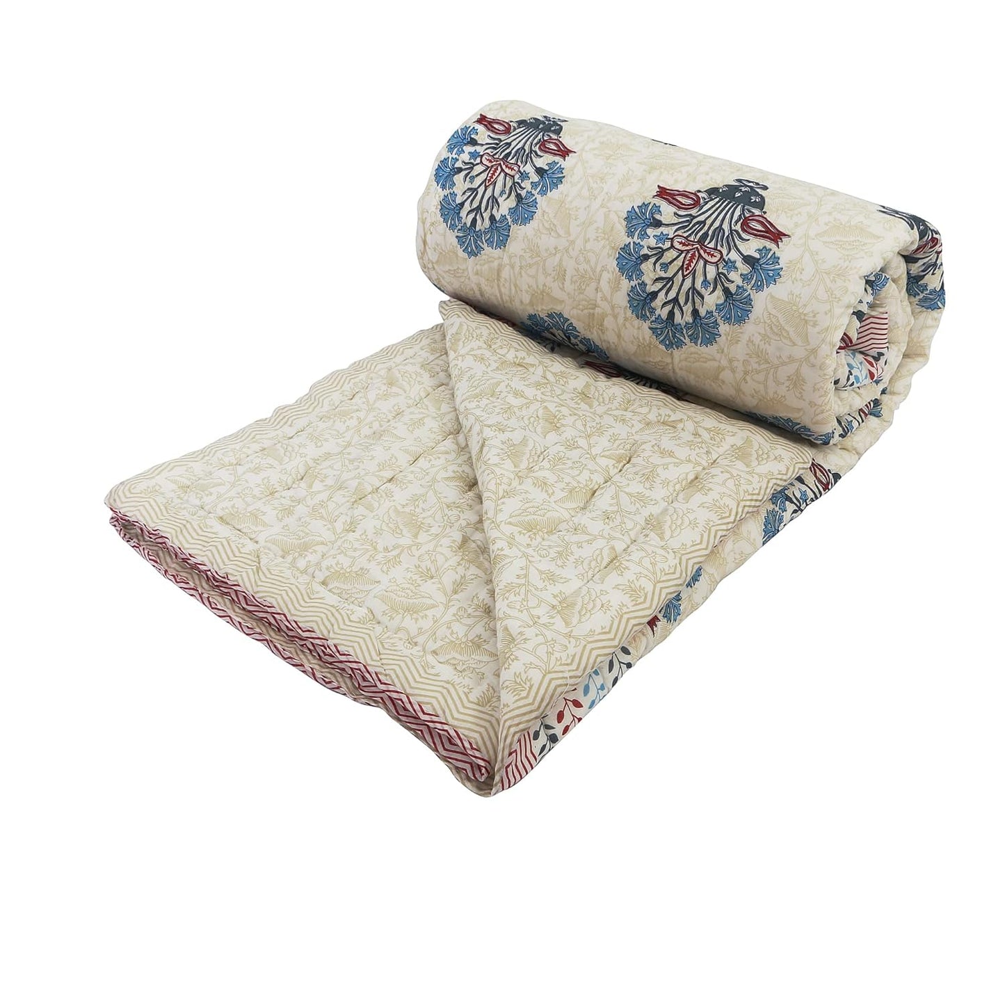 PREMIUM ORGANIC MUSLIN (MALMAL) REVERSIBLE DOHAR SET - THREE-LAYERED PRUSSIAN BLUE AND ROYAL MAROON BOTANICAL BOUQUET BOUGAINVILLEA FLOWER HAND BLOCK MOTIFS ON ROYAL BEIGE BASE AND INSULATING DOHAR AND BEDSHEET FOR ALL-WEATHER COMFORT.