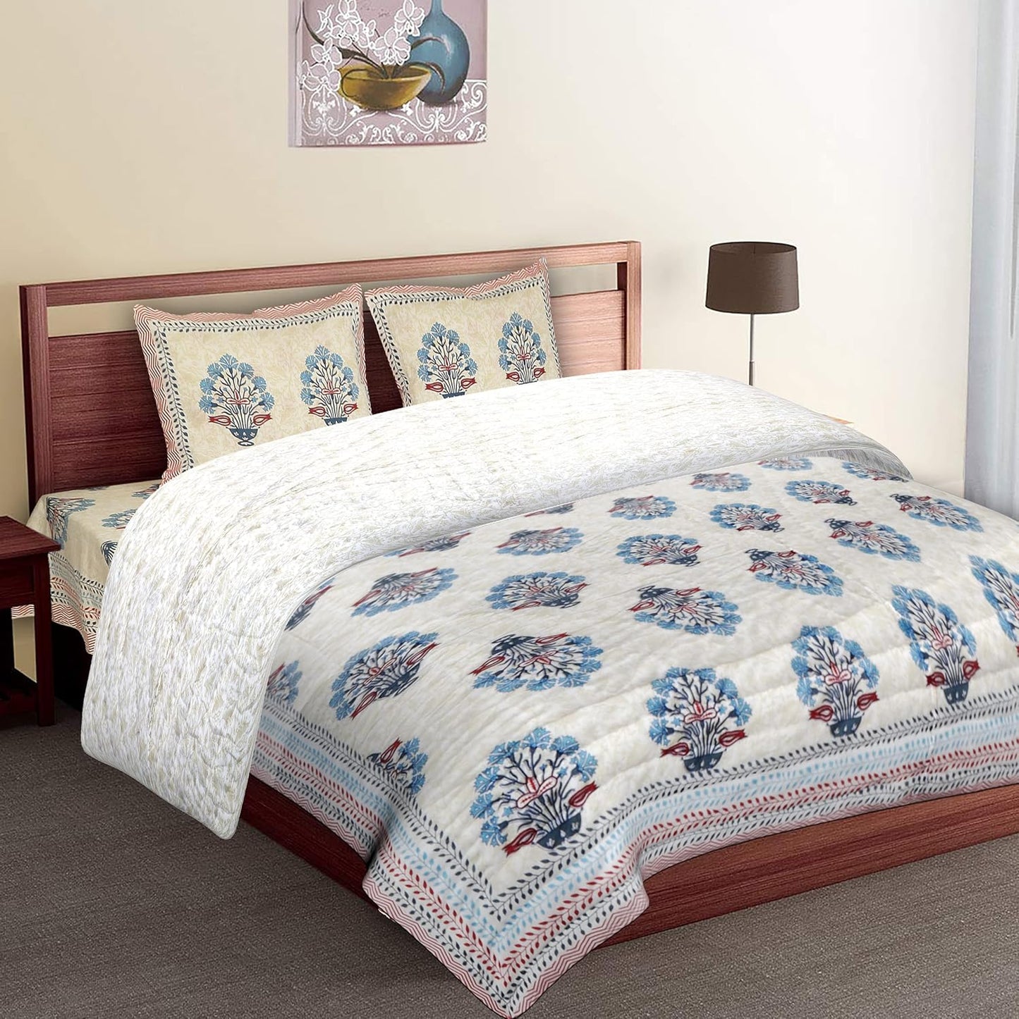 PREMIUM ORGANIC MUSLIN (MALMAL) REVERSIBLE DOHAR SET - THREE-LAYERED PRUSSIAN BLUE AND ROYAL MAROON BOTANICAL BOUQUET BOUGAINVILLEA FLOWER HAND BLOCK MOTIFS ON ROYAL BEIGE BASE AND INSULATING DOHAR AND BEDSHEET FOR ALL-WEATHER COMFORT.