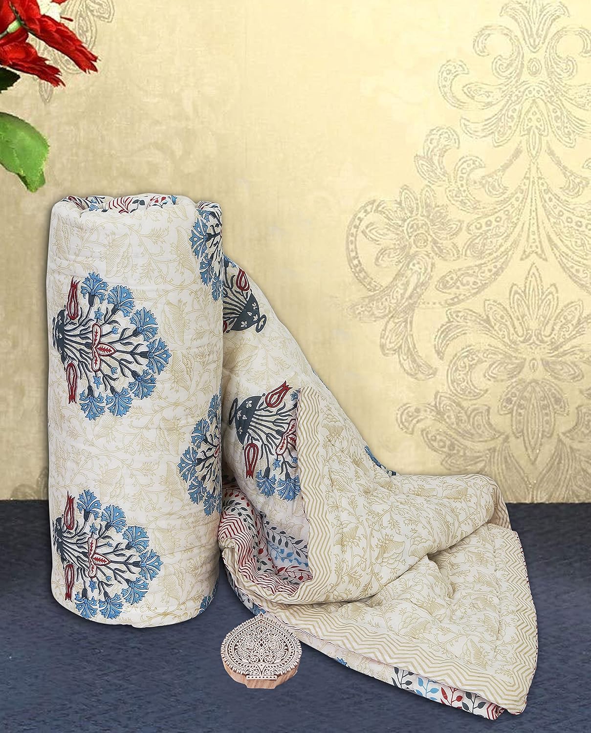 PREMIUM ORGANIC MUSLIN (MALMAL) REVERSIBLE DOHAR SET - THREE-LAYERED PRUSSIAN BLUE AND ROYAL MAROON BOTANICAL BOUQUET BOUGAINVILLEA FLOWER HAND BLOCK MOTIFS ON ROYAL BEIGE BASE AND INSULATING DOHAR AND BEDSHEET FOR ALL-WEATHER COMFORT.