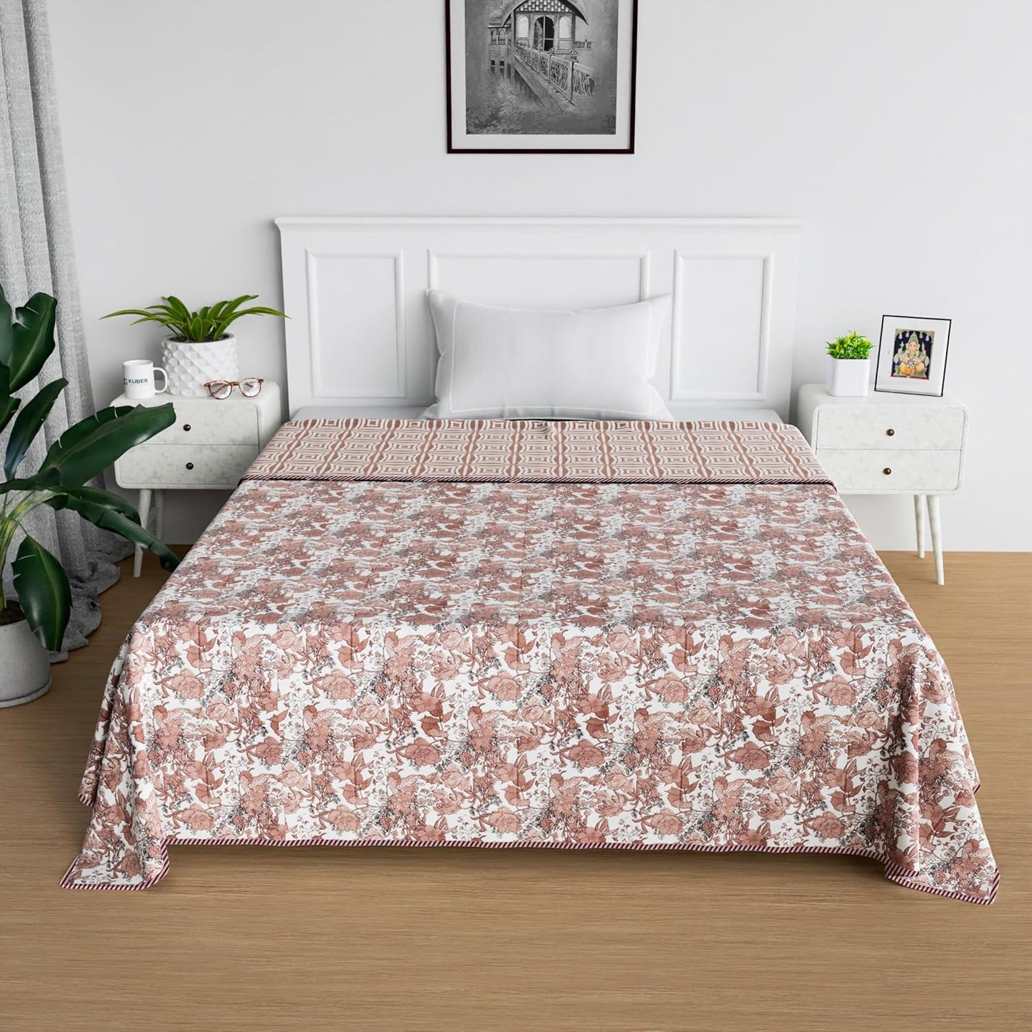 PREMIUM ORGANIC COTTON REVERSIBLE DOHAR - THREE-LAYERED BOTANICAL & GEOMETRIC PATTERN WITH SHIMMERING BLUSH AND INSULATING FALTEN FOR ALL-WEATHER COMFORT