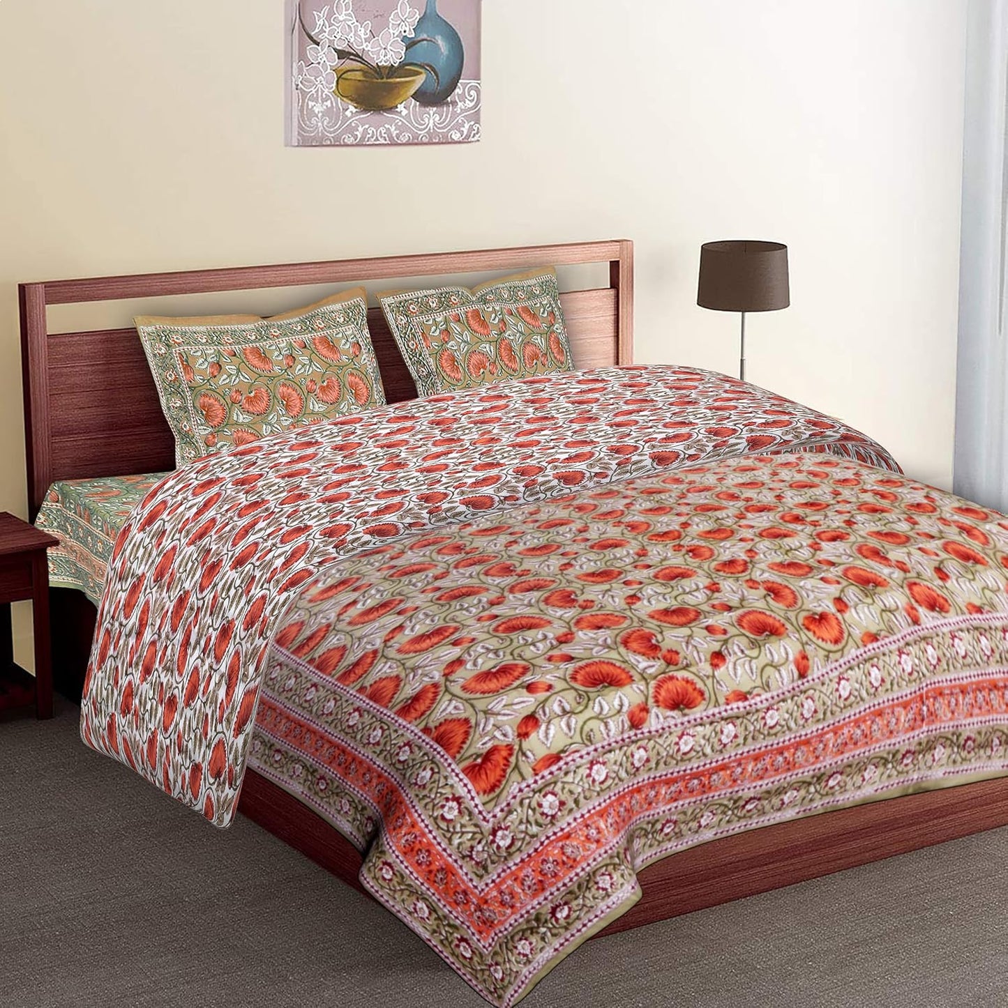 PREMIUM ORGANIC COTTON ANTIQUE SUNSET ORANGE BEDSHEET WITH EMPIRE PLANT BLOCK PRINT – ETHNIC ELEGANCE