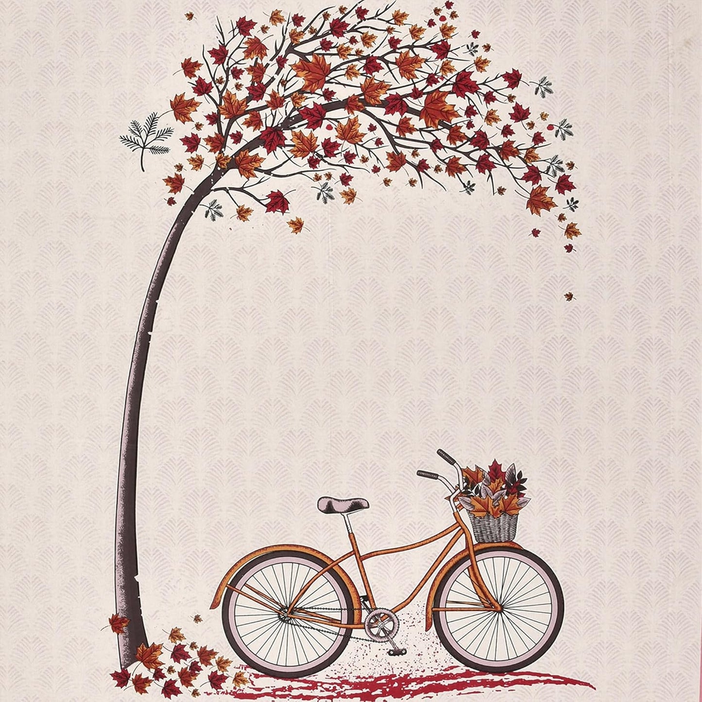 PREMIUM ORGANIC COTTON BEDSHEET LUXURIOUS BYCYCLE UNDER MAPLE TREE IN AUTUMN WITH NATURE THEMED PATTERN FEATURES A FLUORESCENT FUCHSIA COLOR