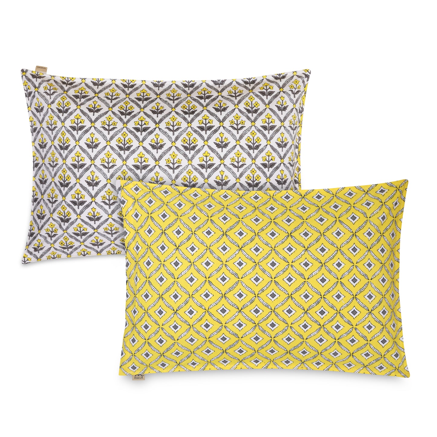 LUMINOUS YELLOW MATHEMATICAL ABSTRACT & SLATE HEU EMPIRE PLANT HAND BLOCK PATTERN ORGANIC COTTON ETHNIC BEDSHEET