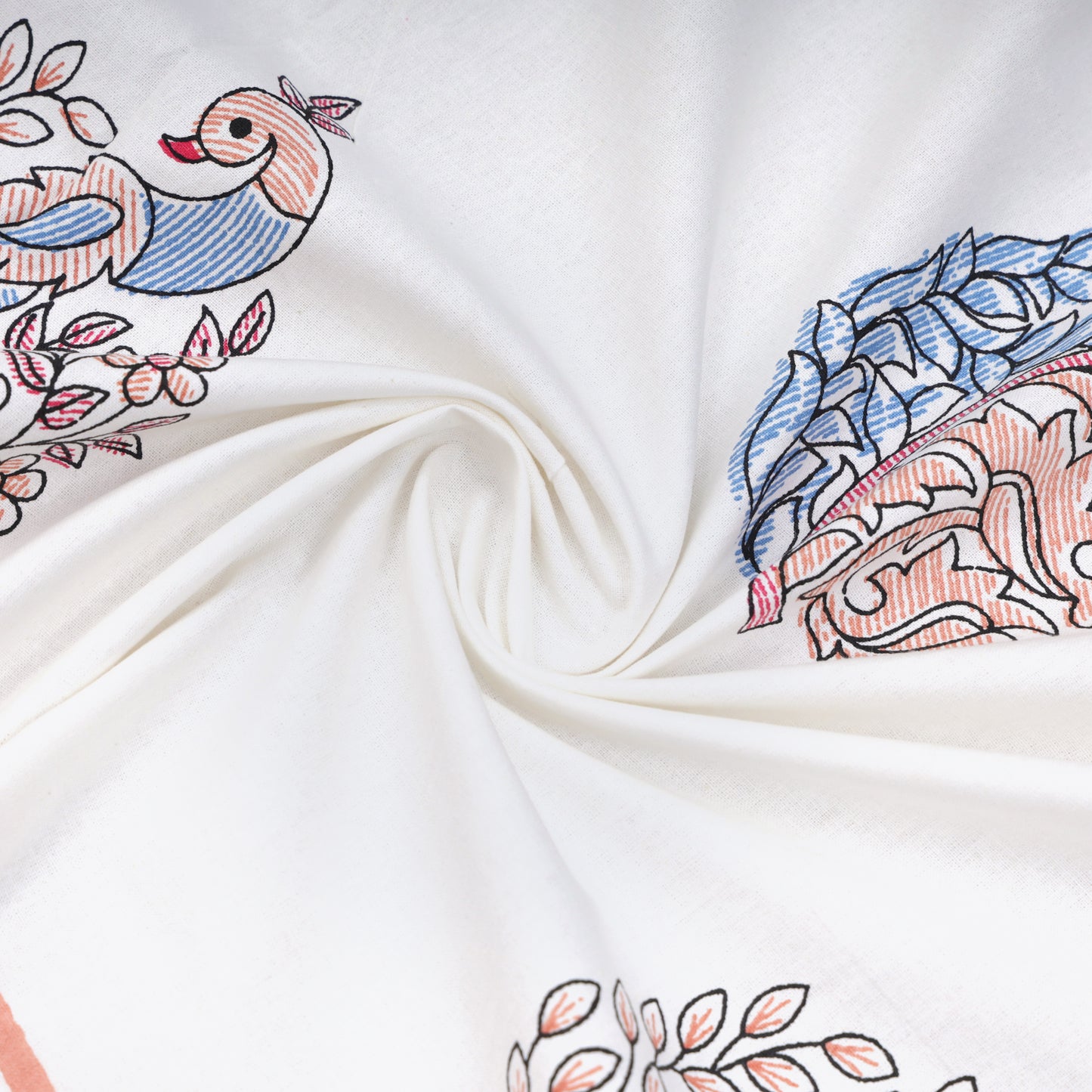 ARTISAN ELEGANCE ANTIQUE IVORY WITH CORAL SCARLET WINGED CREATURE PATTERN PREMIUM ORGANIC COTTON ETHNIC BLOCK PRINTED BEDSHEET