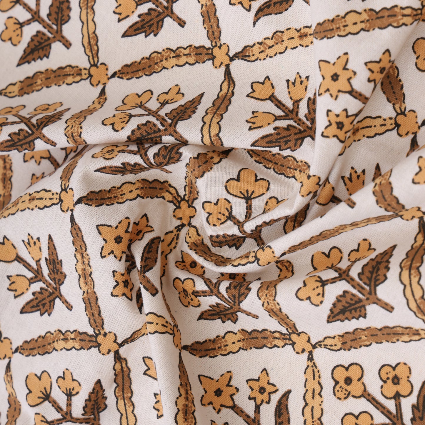 GOLDEN MAHOGANY IMPERIAL TOPAZ MATHEMATICAL ABSTRACT & SLATE HEU EMPIRE PLANT PATTERN PREMIUM ORGANIC COTTON ETHNIC BLOCK PRINTED BEDSHEET