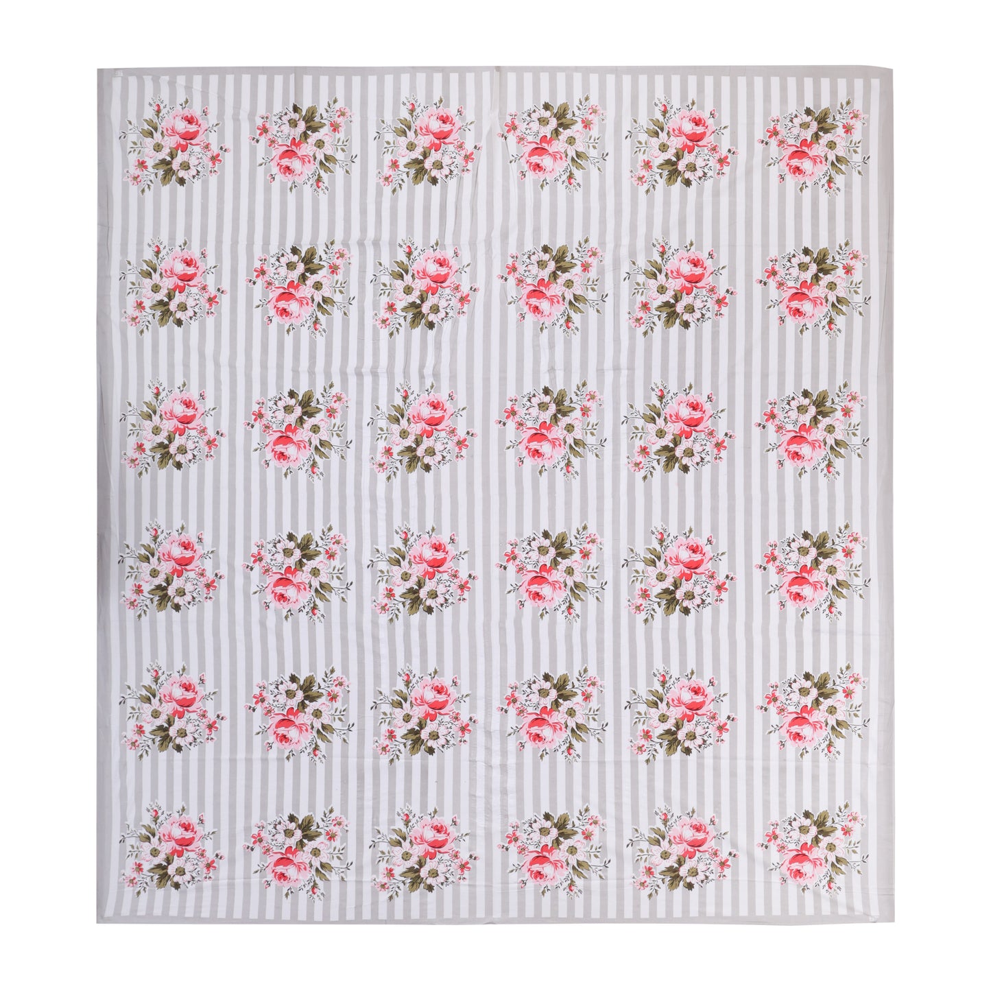 FUCHSIA AND SCARLET BOTANICAL BOUQUET WITH SLATE HUE MATHEMATICAL STRIPE PREMIUM ORGANIC COTTON BEDSHEET