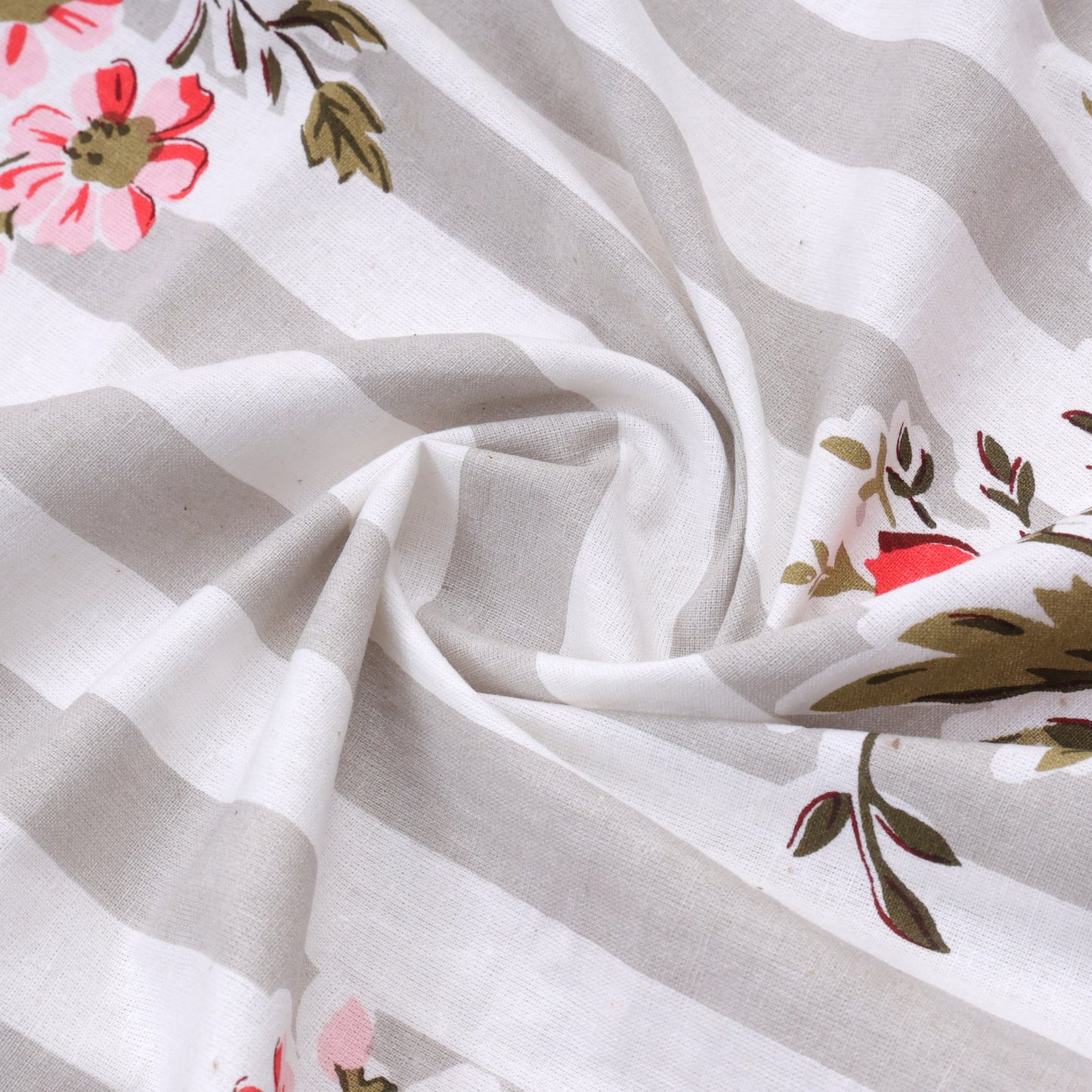 FUCHSIA AND SCARLET BOTANICAL BOUQUET WITH SLATE HUE MATHEMATICAL STRIPE PREMIUM ORGANIC COTTON BEDSHEET