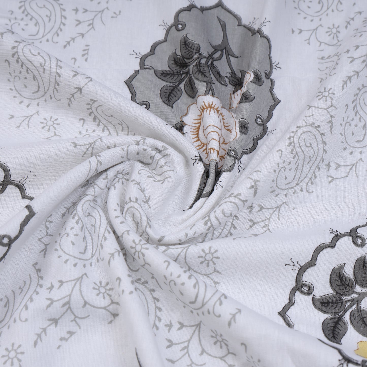 PREMIUM ORGANIC MUSLIN (MALMAL) REVERSIBLE DOHAR - THREE-LAYERED BOTANICAL & GEOMETRIC PATTERN WITH GOLDEN MAHOGANY IMPERIAL TOPAZ, SLATE HUE AND INSULATING FOR ALL-WEATHER COMFORT.
