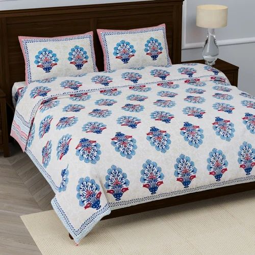 PREMIUM ORGANIC MUSLIN (MALMAL) REVERSIBLE DOHAR SET - THREE-LAYERED PRUSSIAN BLUE AND ROYAL MAROON BOTANICAL BOUQUET BOUGAINVILLEA FLOWER HAND BLOCK MOTIFS ON ROYAL BEIGE BASE AND INSULATING DOHAR AND BEDSHEET FOR ALL-WEATHER COMFORT.