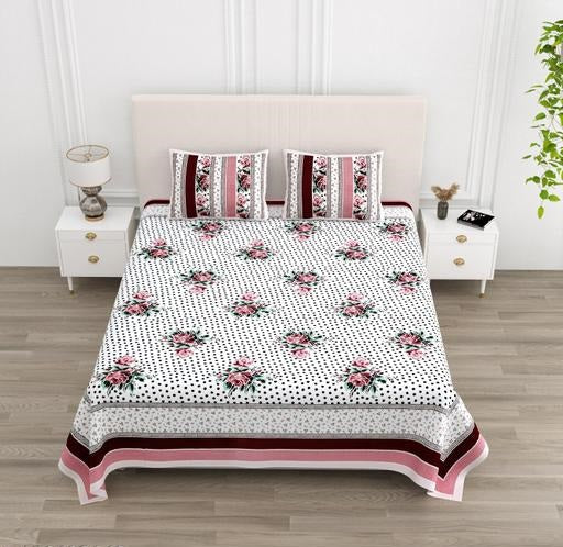 FUCHSIA, TITANIUM ASH AND SCARLET BOTANICAL BOUQUET WITH MIDNIGHT CIRCLE LOOM MOTIFS PREMIUM ORGANIC COTTON BEDSHEET