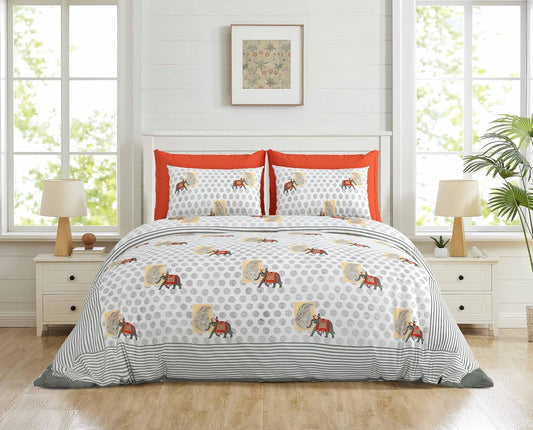 ARTISAN ELEGANCE TITANIUM PACHYDERM PATTERN ASH PREMIUM ORGANIC COTTON ETHNIC BLOCK PRINTED BEDSHEET