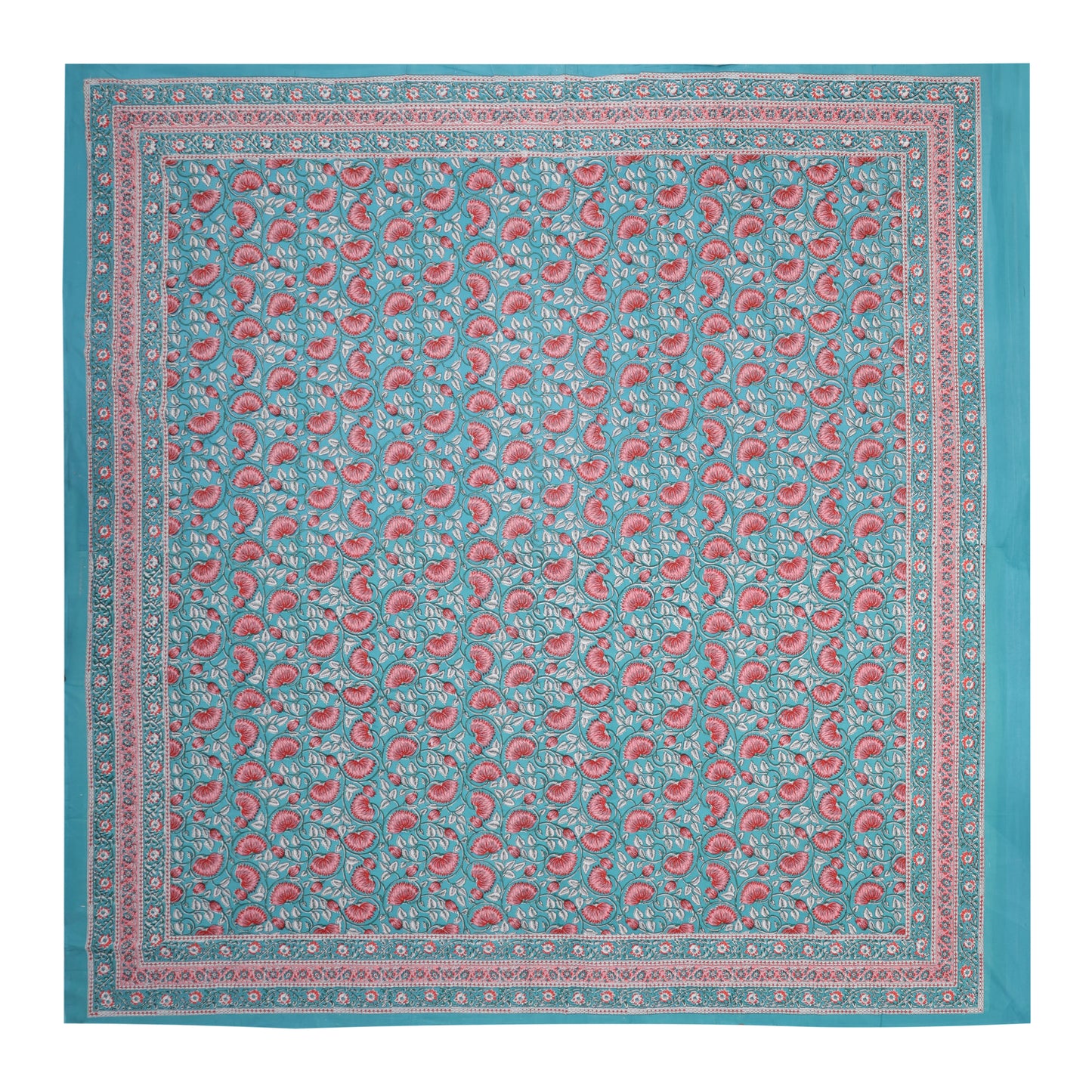 PREMIUM ORGANIC COTTON ANTIQUE TURQUOISE GREEN BEDSHEET WITH EMPIRE PLANT BLOCK PRINT – ETHNIC ELEGANCE