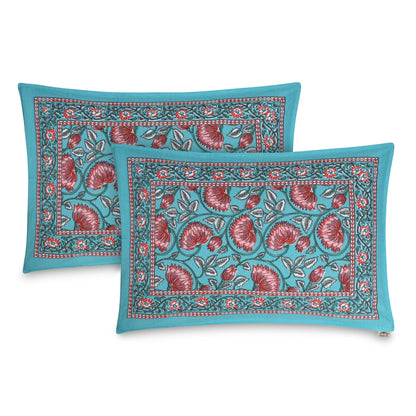 PREMIUM ORGANIC COTTON ANTIQUE TURQUOISE GREEN BEDSHEET WITH EMPIRE PLANT BLOCK PRINT – ETHNIC ELEGANCE