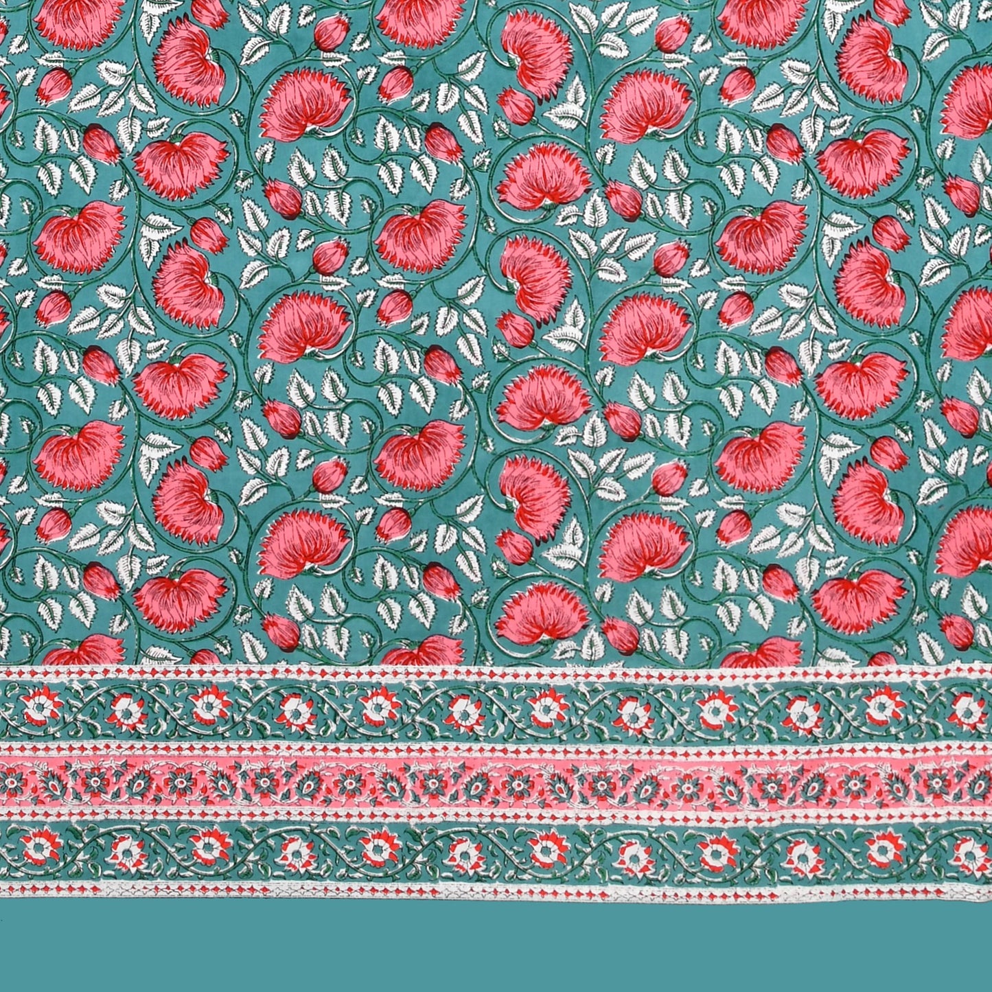 PREMIUM ORGANIC COTTON ANTIQUE TURQUOISE GREEN BEDSHEET WITH EMPIRE PLANT BLOCK PRINT – ETHNIC ELEGANCE
