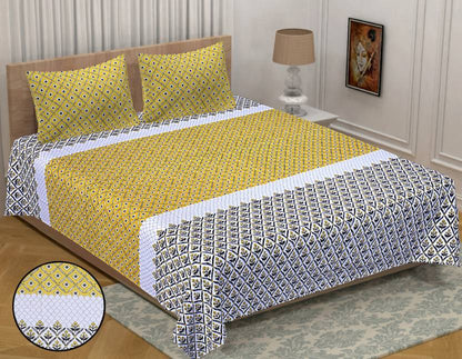 LUMINOUS YELLOW MATHEMATICAL ABSTRACT & SLATE HEU EMPIRE PLANT HAND BLOCK PATTERN  ORGANIC COTTON ETHNIC BEDSHEET