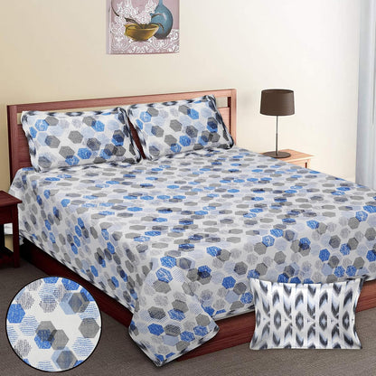 HONEYCOMB GEOMETRICAL PATTERN BEDSHEET IN PRUSSIAN BLUE AND MIDNIGHT COLOR COLLECTION PREMIUM ORGANIC COTTON ETHNIC PRINTED BEDSHEET.
