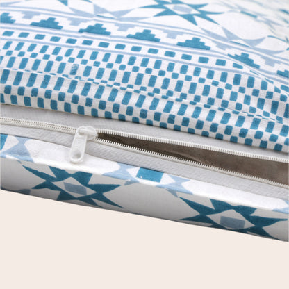 ANTIQUE PRUSSIAN BLUE SUPERNOVA STAR PATTERN IN MATHEMATICAL ABSTRACT PREMIUM ORGANIC COTTON BEDSHEET COLLECTION.