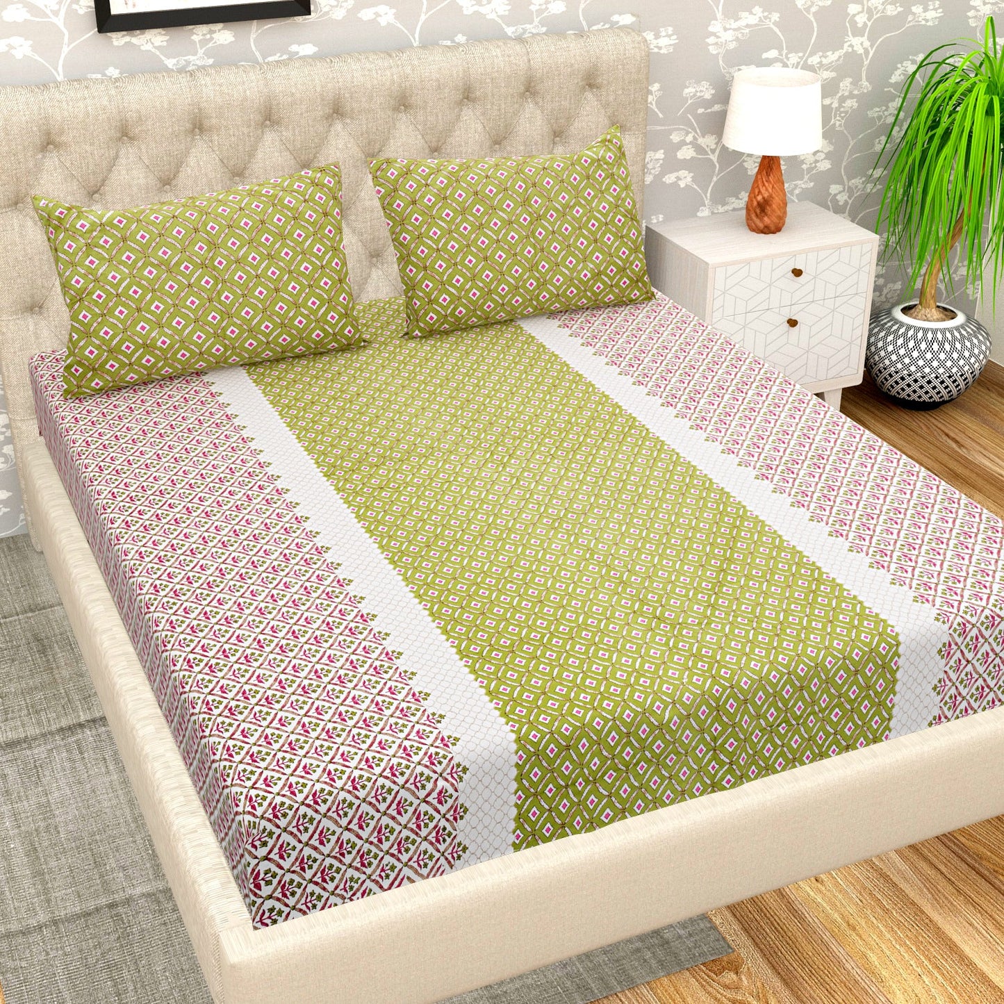 HENNA FOREST MATHEMATICAL ABSTRACT & PINKISH RED EMPIRE PLANT PATTERN  BEDSHEET  COLLECTION PATTERN PREMIUM ORGANIC COTTON ETHNIC BLOCK PRINTED BEDSHEET