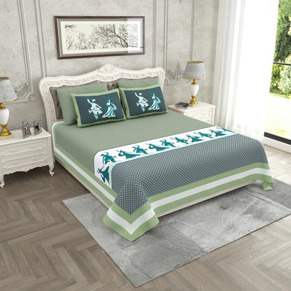 SPIRITUAL DANDIYA OR GARBA NRITYA WITH GEOMETRICAL PATTERN IN ROYATEAL GREEN PREMIUM ORGANIC COTTON LUXURIOUS BEDSHEET