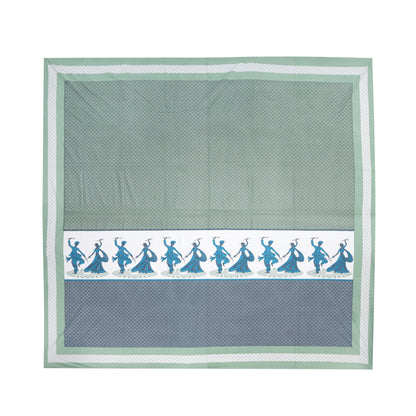 SPIRITUAL DANDIYA OR GARBA NRITYA WITH GEOMETRICAL PATTERN IN ROYATEAL GREEN PREMIUM ORGANIC COTTON LUXURIOUS BEDSHEET