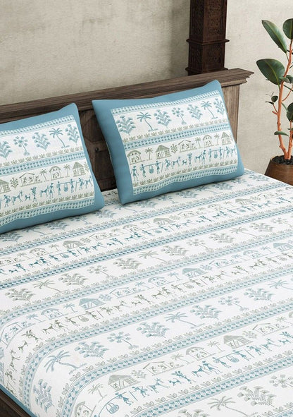 ANTIQUE WORLI PAINTING WITH GEOMETRICAL FOLK IN AZURE COLOR ART PATTERN IN PREMIUM ORGANIC COTTON LUXURIOUS BEDSHEET