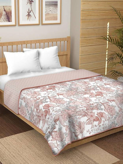 PREMIUM ORGANIC COTTON REVERSIBLE DOHAR - THREE-LAYERED BOTANICAL & GEOMETRIC PATTERN WITH SHIMMERING BLUSH AND INSULATING FALTEN FOR ALL-WEATHER COMFORT