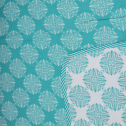 PREMIUM ORGANIC COTTON REVERSIBLE DOHAR - THREE-LAYERED SANGANERI AND GEOMETRIC PATTERN WITH TURQUOSE GREEN HUE AND INSULATING MICROFIBRE FOR ALL-WEATHER COMFORT