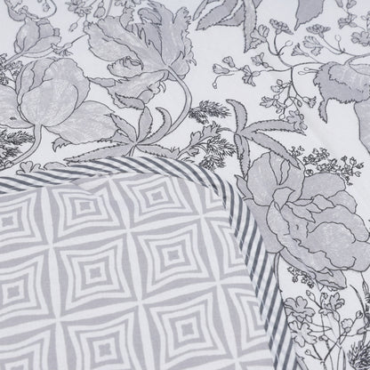 PREMIUM ORGANIC COTTON REVERSIBLE DOHAR - THREE-LAYERED BOTANICAL & GEOMETRIC PATTERN WITH SLATE HUE AND INSULATING FALTEN FOR ALL-WEATHER COMFORT.