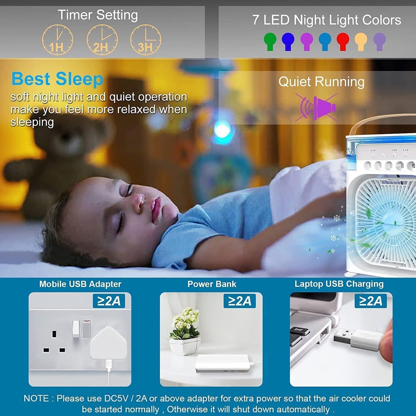 Portable Air Conditioner Fan, 3 In 1 Ice Mist Mini Evaporative Portable Air Cooler with LED nightlight, Timer, 3 Wind Speeds and 3 Spray Modes for for Home Office Bedroom Table and Desktop