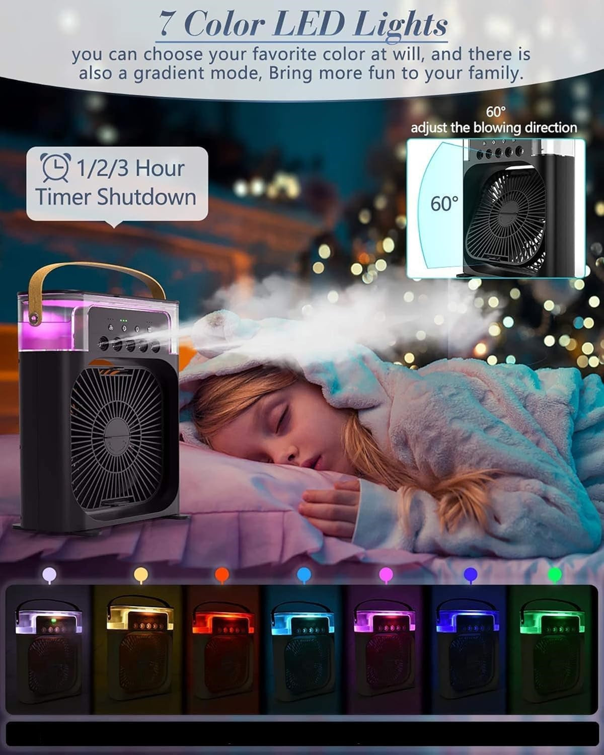 Portable Air Conditioner Fan, 3 In 1 Ice Mist Mini Evaporative Portable Air Cooler with LED nightlight, Timer, 3 Wind Speeds and 3 Spray Modes for for Home Office Bedroom Table and Desktop