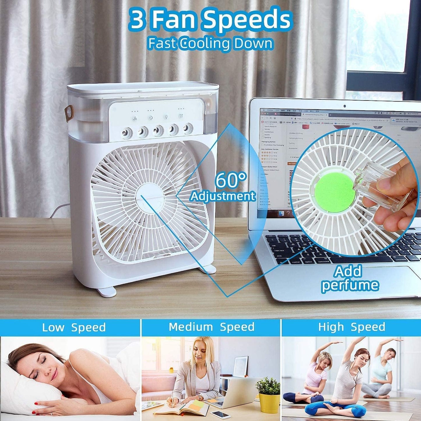 Portable Air Conditioner Fan, 3 In 1 Ice Mist Mini Evaporative Portable Air Cooler with LED nightlight, Timer, 3 Wind Speeds and 3 Spray Modes for for Home Office Bedroom Table and Desktop
