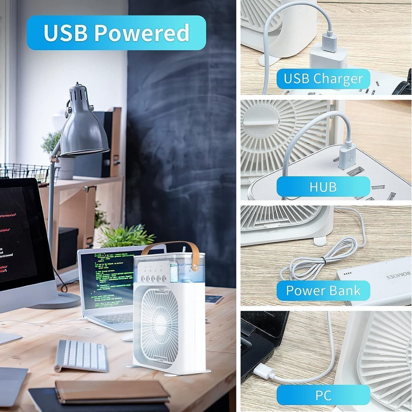 Portable Air Conditioner Fan, 3 In 1 Ice Mist Mini Evaporative Portable Air Cooler with LED nightlight, Timer, 3 Wind Speeds and 3 Spray Modes for for Home Office Bedroom Table and Desktop