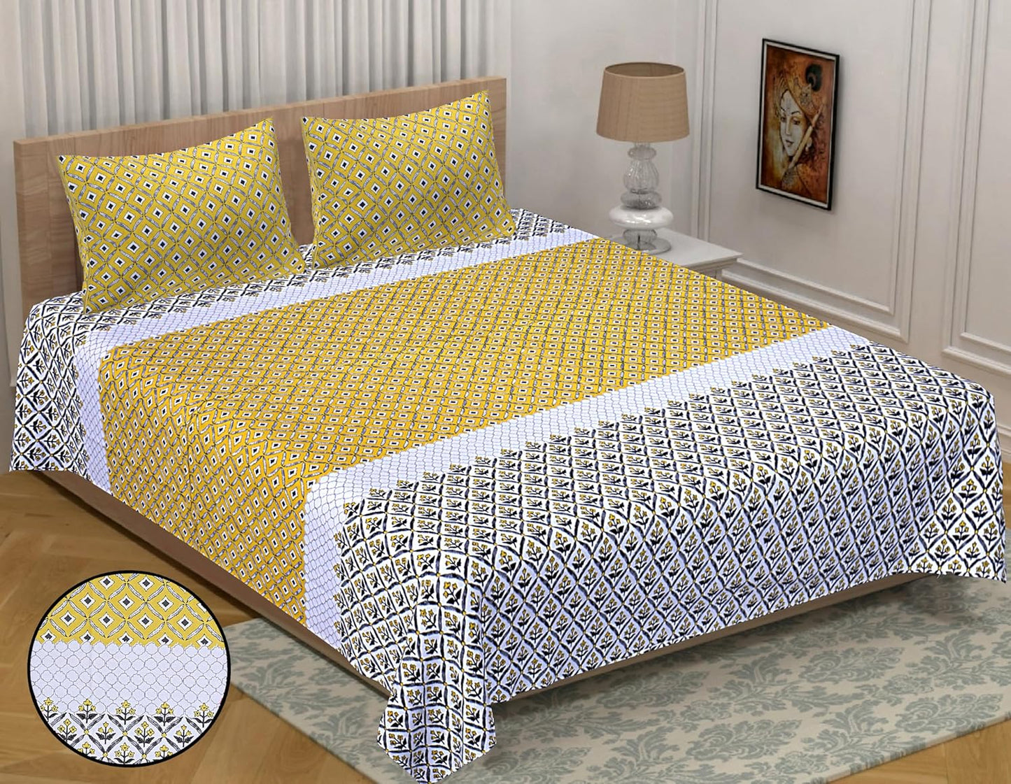 LUMINOUS YELLOW MATHEMATICAL ABSTRACT & SLATE HEU EMPIRE PLANT HAND BLOCK PATTERN  ORGANIC COTTON ETHNIC BEDSHEET