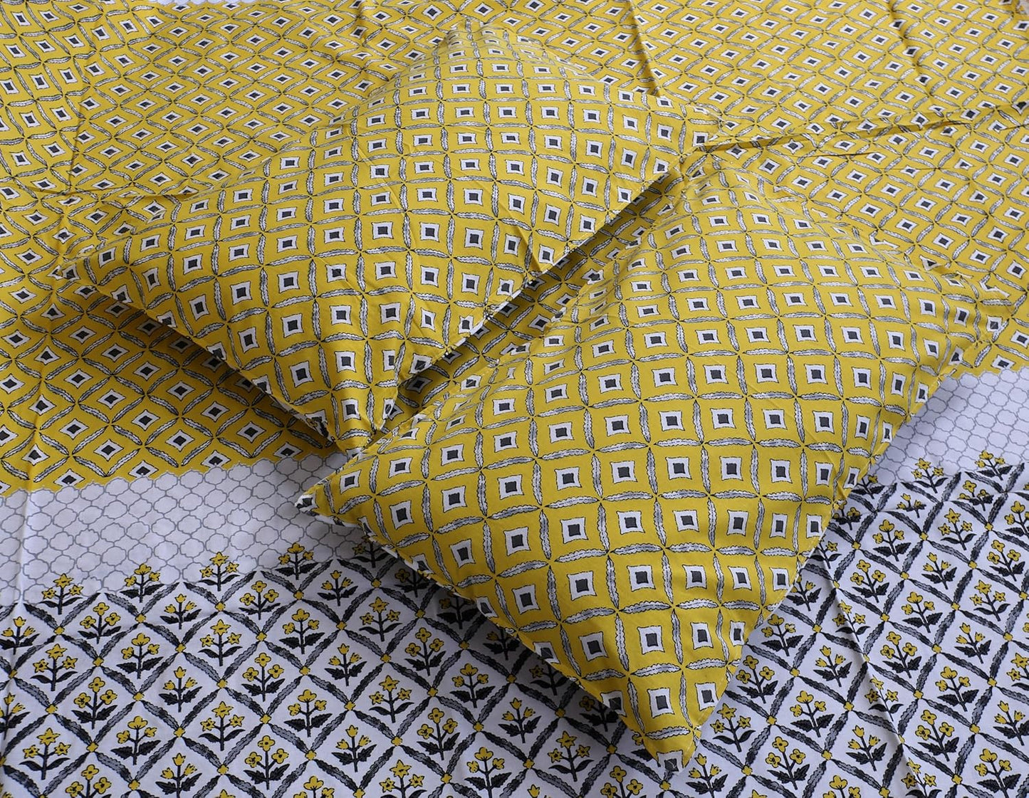 LUMINOUS YELLOW MATHEMATICAL ABSTRACT & SLATE HEU EMPIRE PLANT HAND BLOCK PATTERN  ORGANIC COTTON ETHNIC BEDSHEET