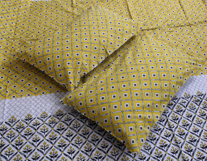 LUMINOUS YELLOW MATHEMATICAL ABSTRACT & SLATE HEU EMPIRE PLANT HAND BLOCK PATTERN  ORGANIC COTTON ETHNIC BEDSHEET