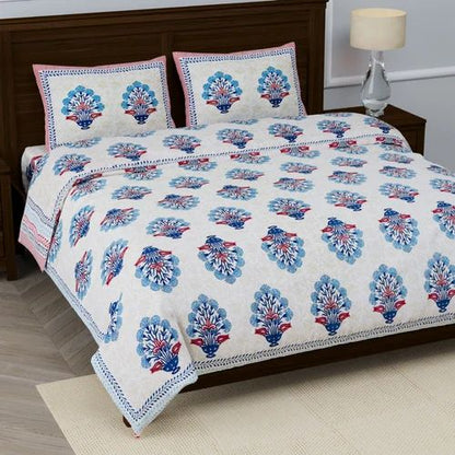 PREMIUM ORGANIC MUSLIN (MALMAL) REVERSIBLE DOHAR - THREE-LAYERED PRUSSIAN BLUE AND ROYAL MAROON BOTANICAL BOUQUET BOUGAINVILLEA FLOWER HAND BLOCK MOTIFS ON ROYAL BEIGE BASE AND INSULATING  FOR ALL-WEATHER COMFORT.