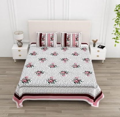 FUCHSIA, TITANIUM ASH AND SCARLET  BOTANICAL BOUQUET WITH MIDNIGHT CIRCLE LOOM MOTIFS PREMIUM ORGANIC COTTON  BEDSHEET